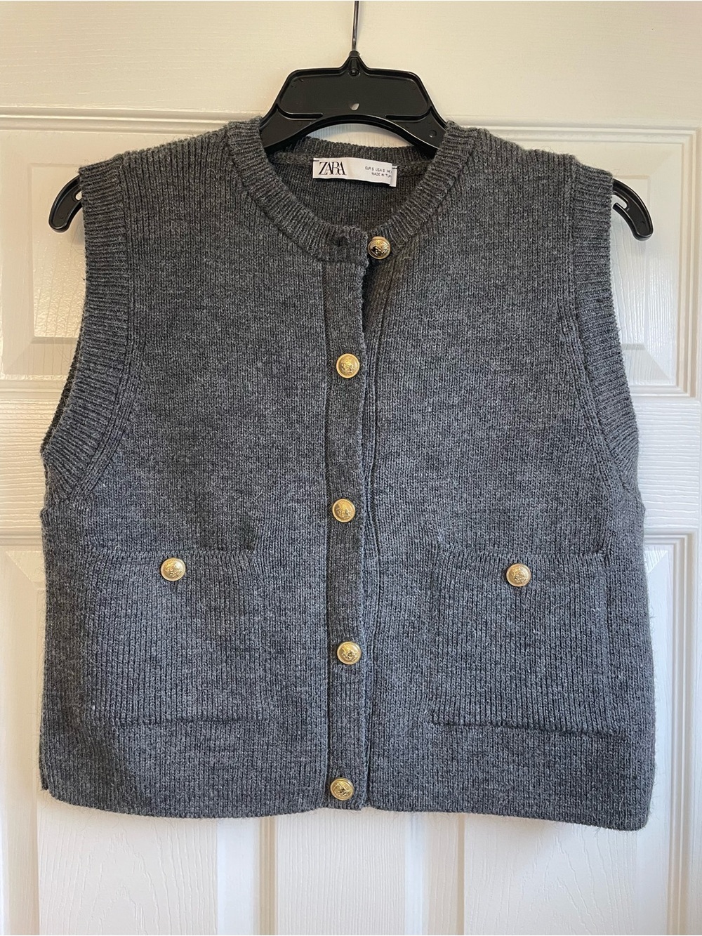 ZARA | Wool Charcoal Gray Knit Button-Front Vest with Gold Buttons